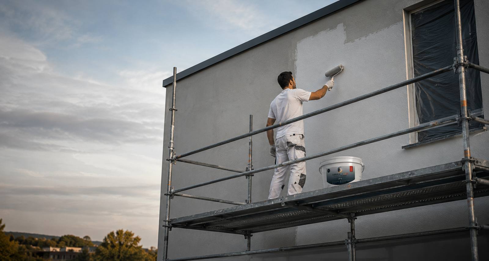 Peintre appliquant la peinture SERRACOLOR sur une façade