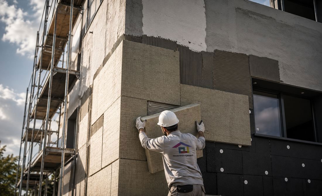 Pose d'isolation façade (ITE) sur un chantier